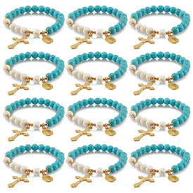Синтетический бирюзовый круглый эластичный браслет из бисера, Браслет для йоги с подвесками в виде креста и Девы Марии для женщин
