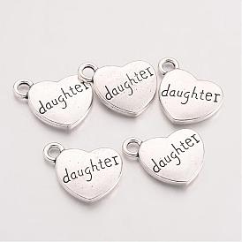 Tibetan Style Heart Alloy Pendants, with Word Daughter, Cadmium Free & Lead Free, 18x15x3mm, Hole: 3mm, about 208pcs/500g