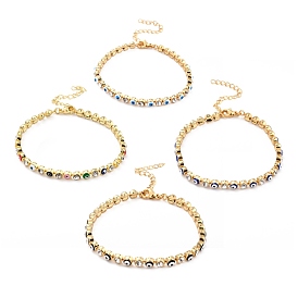 Plat rond avec bracelet chaîne à maillons mauvais œil, bracelet de tennis en zircone cubique transparente, bijoux en laiton pour femmes, or