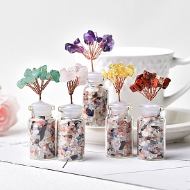 Natural Gemstone Chips Tree Decorations, Crystal Glass Bottle Base with Copper Wire Feng Shui Energy Stone Gift for Home Office Desktop Decor