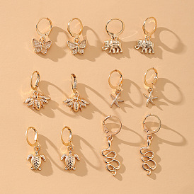 6-Piece Set of Unique Earrings Featuring Elephant, Bee, Starfish, Butterfly, Snake Designs