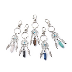Woven Net/Web with Feather Alloy Pendant Decorations, with Natural Double Terminated Pointed Gemstone Charms