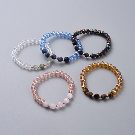 Stretch Bracelets, with Glass Beads, Natural Gemstone Beads and Real 18K Gold Plated Brass Beads