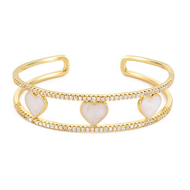 Clear Cubic Zirconia Heart Open Cuff Bangle with Enamel, Real 18K Gold Plated Brass Jewelry for Women, Cadmium Free & Lead Free