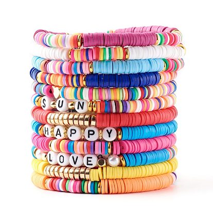 Bracelets BCBG, bracelets empilables perles heishi en pâte polymère, ensembles de bracelets en perles extensibles, mot soleil/heureux/amour, or