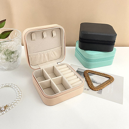 Boîte organisatrice de bijoux carrée en simili cuir, de velours à l'intérieur, étui de rangement de bijoux portable, Pour la bague, boucles d'oreilles et collier
