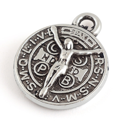 Сплавочные подвески тибетского стиля, без кадмия и без свинца, плоские круглые с святым Бенедиктом