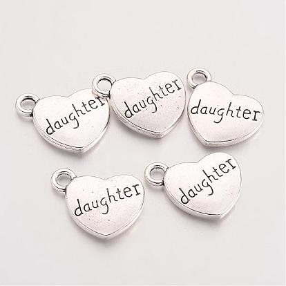 Tibetan Style Heart Alloy Pendants, with Word Daughter, Cadmium Free & Lead Free, 18x15x3mm, Hole: 3mm, about 208pcs/500g