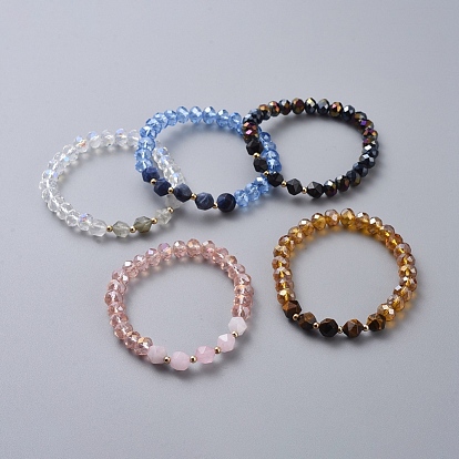Stretch Bracelets, with Glass Beads, Natural Gemstone Beads and Real 18K Gold Plated Brass Beads