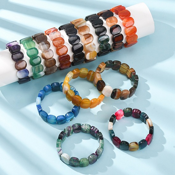 Oval Natural Agate(Dyed & Heated) Beaded Stretch Bracelets for Women Men