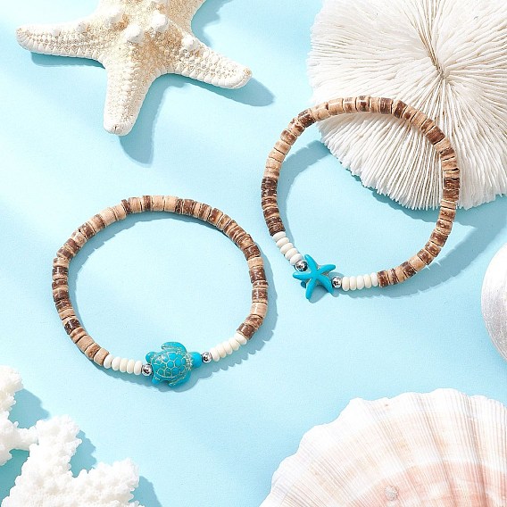 2шт. браслеты из натурального кокоса с морскими звездами и черепахами и синтетическими бирюзовыми бусинами для мужчин и женщин