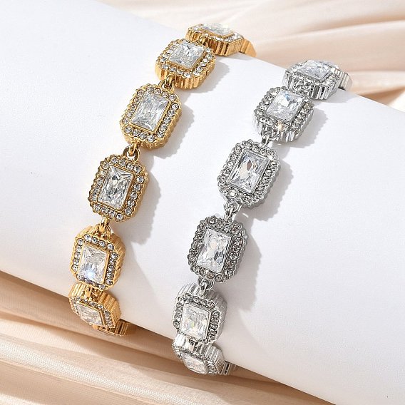 304 Stainless Steel Full Rhinestone Rectangle Link Chain Bracelets