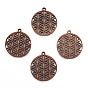 Natural Walnut Wood Pendants, Undyed, Hollow Flat Round Charm with Flower