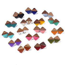 Resin & Walnut Wood Stud Earring Findings, with 304 Stainless Steel Pin and Hole, Two Tone, Rhombus