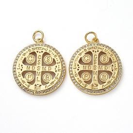 Goldenen Ton Messing Micro Pave Zirkonia Anhänger, mit Ringe springen, flache runde mit kreuz & wort