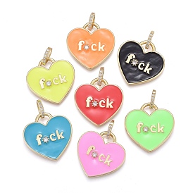 Valentine's Day Brass Micro Pave Cubic Zirconia Pendants, with Enamel, Long-Lasting Plated, Real 18K Gold Plated, Heart with Word