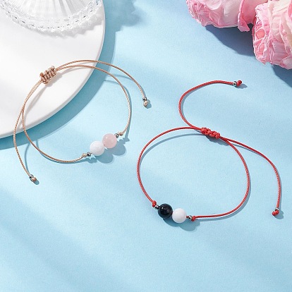 2Pcs Natural Rose Quartz & Eyeless Obsidian 
& Malaysia Jade Beads with Korean Waxed Polyester Cord Bracelets