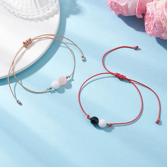 2Pcs Natural Rose Quartz & Eyeless Obsidian 
& Malaysia Jade Beads with Korean Waxed Polyester Cord Bracelets