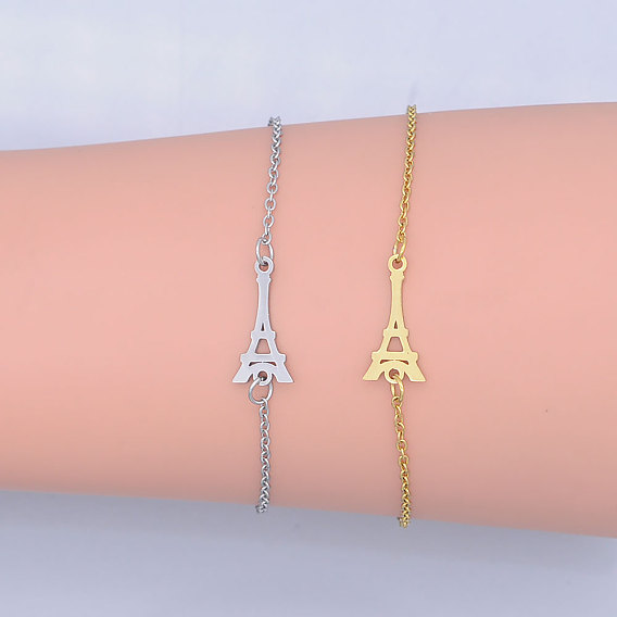 201 Stainless Steel Link Bracelets, with Lobster Claw Clasps, Eiffel Tower