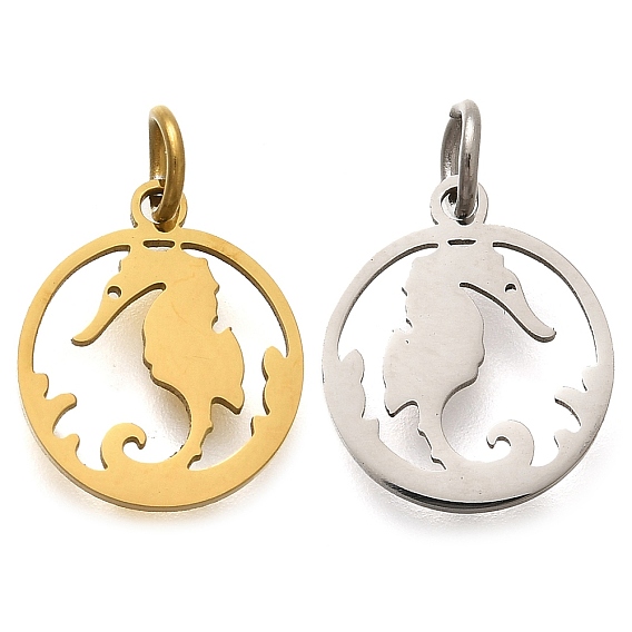 304 прелести нержавеющей стали, с целью перехода в кольце, плоский круг с подвеской в виде морского конька, лазерная резка, ионное покрытие (ip)