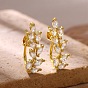 Brass Pave Cubic Zirconia Stud Earrings for Women, Leaf
