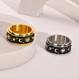 Enamel Moon and Star Rotatable Finger Ring, Stainless Steel Fidget Spinner Ring for Calming Worry Meditation