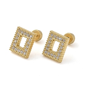 304 Stainless Steel with Rhinestone Stud Earrings, Hollow Rectangle