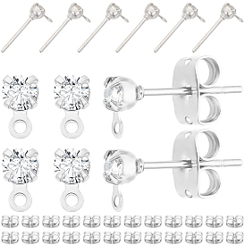 40 шт. латунные серьги-гвоздики, с бриллиантовым фианитом и горизонтальными петлями, 40шт латунные фрикционные ушные гайки