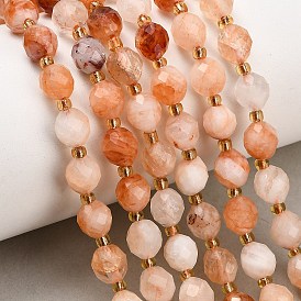 Natural Red Hematoid Quartz/Ferruginous Quartz Beads Strands, Round, Faceted, with Seed Beads