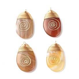 Natural Striped Agate Pendants, with Real 18K Gold Plated Copper Wire Wrapped, Dyed & Heated, Oval