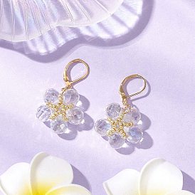 Glass Seed Beads Flower Leverback Earrings, with 304 Stainless Steel Findings, Golden