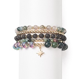 5 шт. 5 комплект браслетов из бисера из бисера и смешанных драгоценных камней в стиле стрейч, латунные подвески со звездами штабелируемые браслеты для женщин