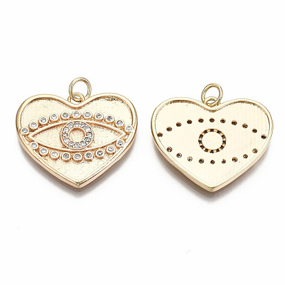 Brass Micro Pave Clear Cubic Zirconia Pendants, Nickel Free, Heart with Eye