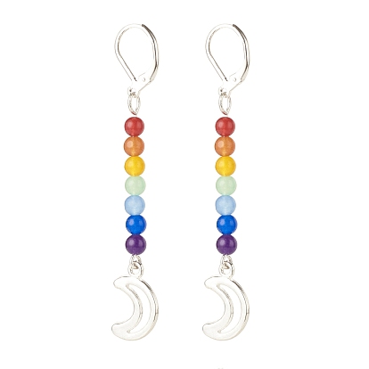 Natural Malaysia Jade with Alloy Moon Long Dangle Leverback Earrings, 7 Chakra Gemstone Jewelry for Women