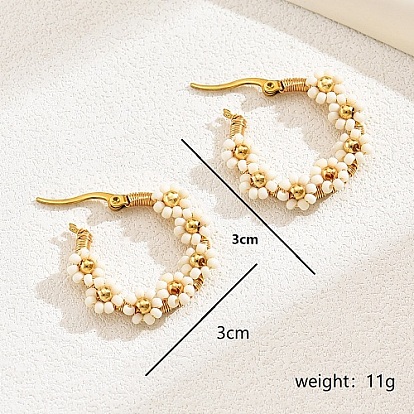 Flower Garland Braided Beaded Stainless Steel Hoop Earrings, Real 18K Gold Plated Jewelry for Women