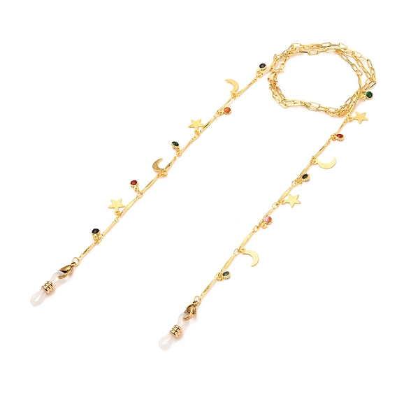Brass Eyeglasses Chains, Neck Strap for Eyeglasses, with Brass Enamel Charms, 304 Stainless Steel Lobster Claw Clasps and Rubber Loop Ends, Star & Moon & Flower, Colorful
