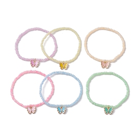 6Pcs 6 Colors ButterflyAlloy Enamel Charm Bracelets, Glass Seed Beaded Stackable Stretch Bracelets for Women