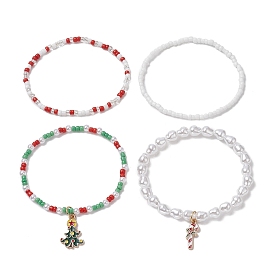 4Pcs 4 Style Glass Pearl & Seed Beaded Stretch Bracelets Set, Christmas Tree & Candy Cane Alloy Enamel Charms Stackable Bracelets for Women