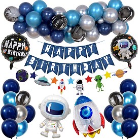 Aluminum Film Space Man & Rocket & Planet Balloon, with Happy Birthday Flag