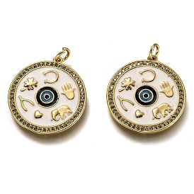 Brass Micro Pave Clear Cubic Zirconia Pendants, Long-Lasting Plated, with Jump Rings & Colorful Enamel, Flat Round with Eye