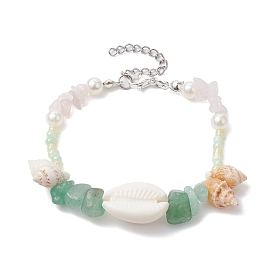 Natural Rose Quartz & Green Aventurine Beaded Bracelets, Summer Beach Shell Bracelets for Women