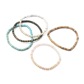 Natural Gemstone Stretch Beaded Bracelets, with Electroplated Non-magnetic Synthetic Hematite Beads, Flat Round