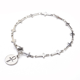 304 Stainless Steel Charm Bracelets, Flat Round with Ankh Cross