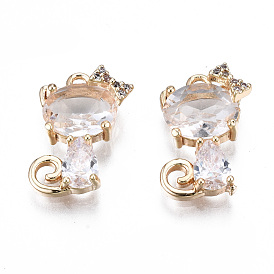 Brass Micro Pave Clear Cubic Zirconia Charms, Long-Lasting Plated, Cadmium Free & Lead Free, Cat