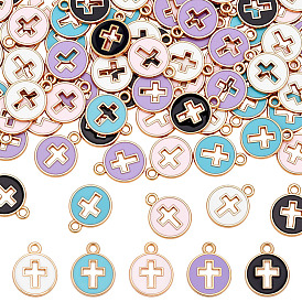 80подвески из эмалированной стали с покрытием из светлого золота, плоские круглые с крестом