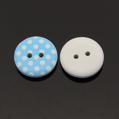 2-Hole Flat Round Polka Dot Printed Wooden Sewing Buttons, Dyed