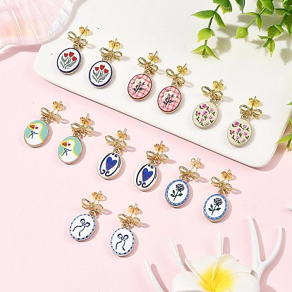Boucles d'oreilles pendantes en porcelaine imprimée faite à la main, ovale avec bowknot, boucles d'oreilles en alliage pour femmes