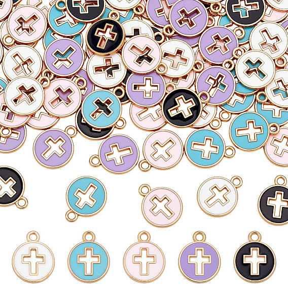 80подвески из эмалированной стали с покрытием из светлого золота, плоские круглые с крестом