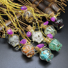 Natural Gemstone Chips Perfume Bottle Necklace, Glass Pendant Necklace with Alloy Chains for Women