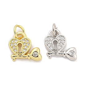 Rack Plating Brass Micro Pave Clear Cubic Zirconia Charms, with Jump Rings, Long-Lasting Plated, Lead Free & Cadmium Free, Heart with Key